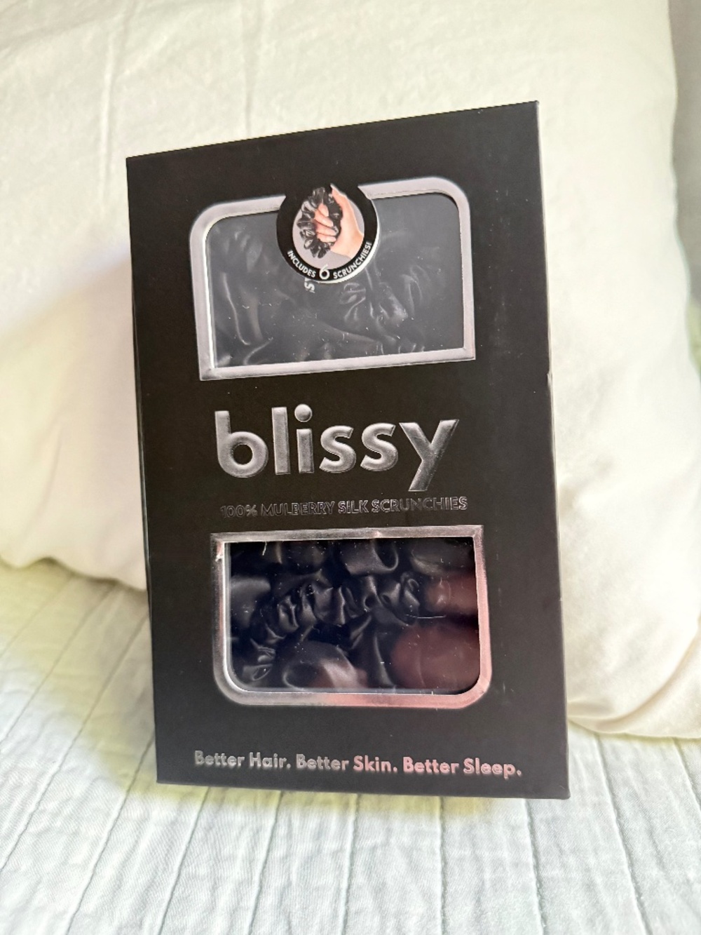 NIB Blissy 100% Mulberry Silk Scrunchies Black 6-Pack